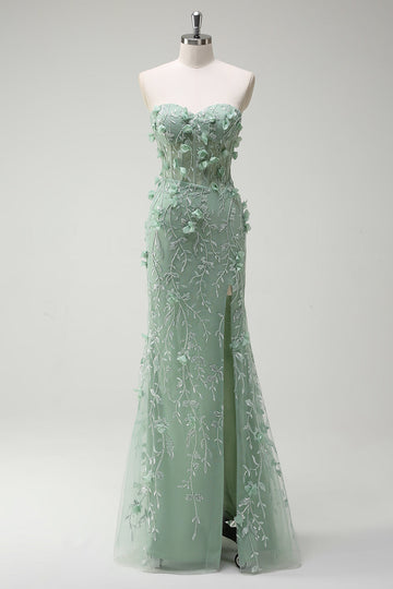 Sage Sirène Sweetheart Floral Appliqued Robe de soirée Longue avec Fente
